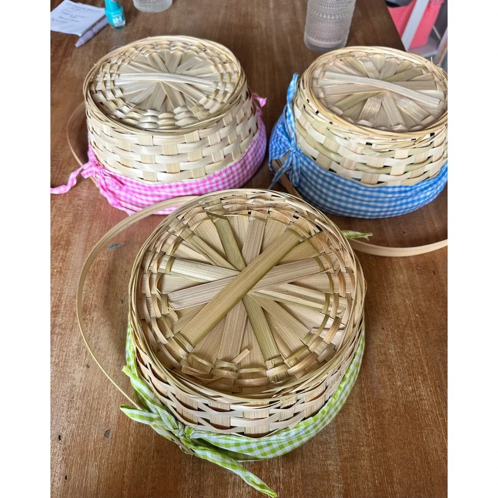 Set of 3 Woven Bamboo Easter Baskets Gingham Plaid Liners Pink Blue Green Handle